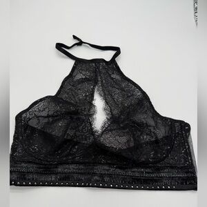 Victoria's Secret Sexy Black Floral Silver Lace Halter Bralette NWT Sz XL